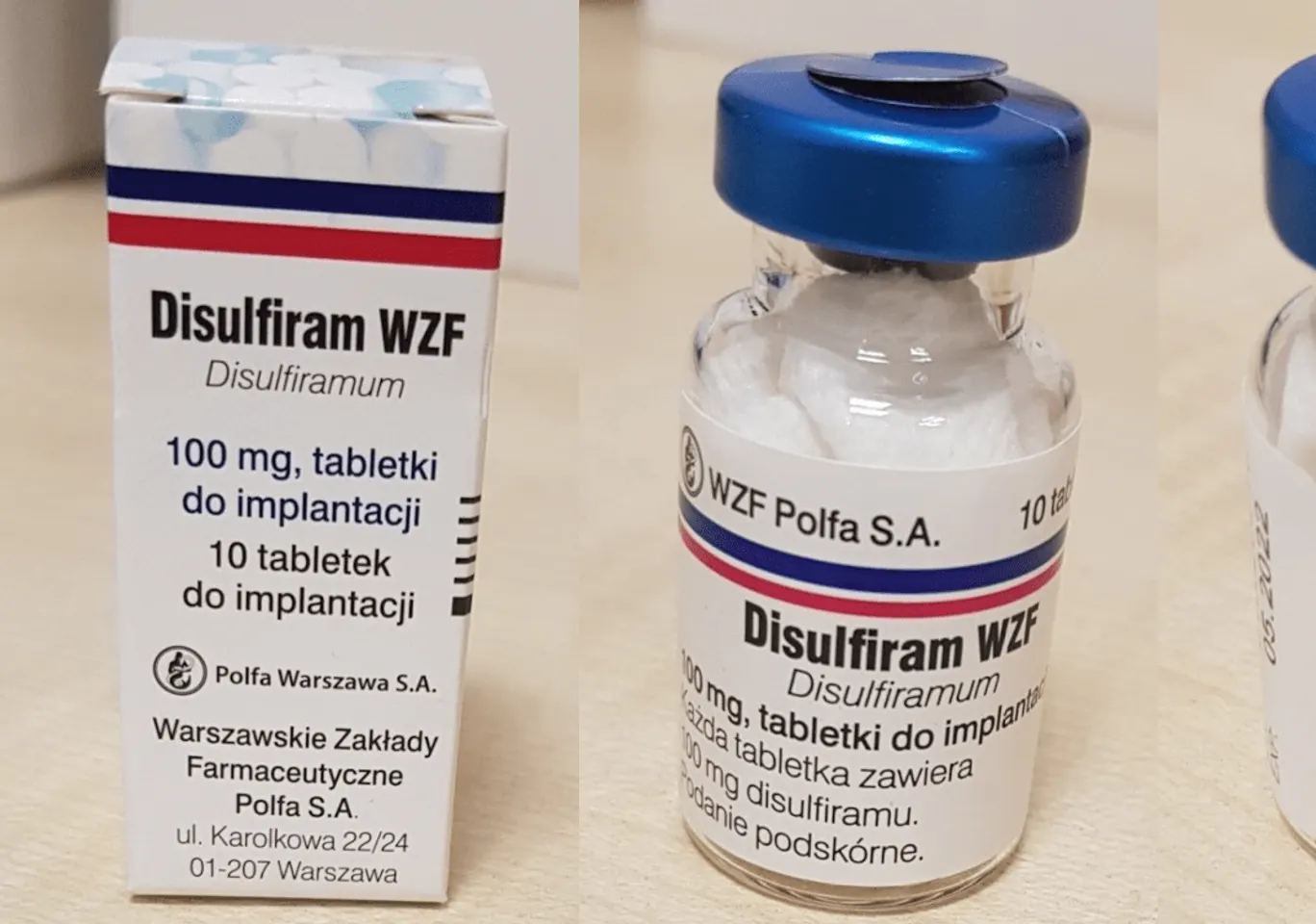Wszywka alkoholowa Esperal Działdowo: fiolka disulfiramu obok opakowania leku